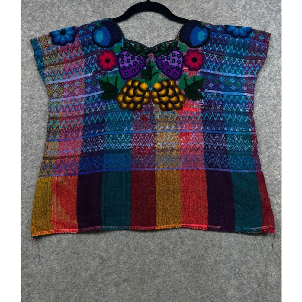 Vintage Embroidered Huipil Womens M Multicolor Top Fruit Floral Hand Woven Boho